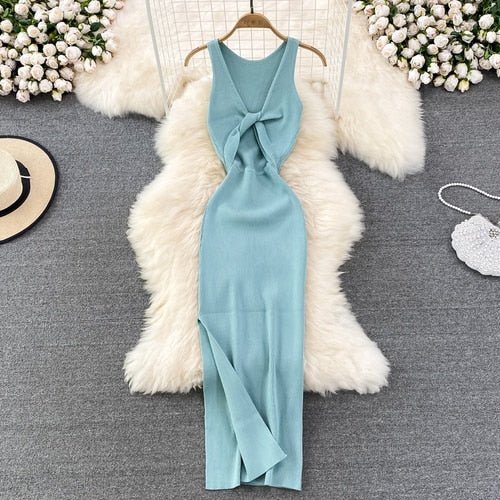 best Sleeveless Hollow Split Wrap Dress Midi Sexy Fashion Elastic Tight Party Elegant Vestidos Chic Beach Vacation Summer Women Dress 0 shop online at M2K Trends for