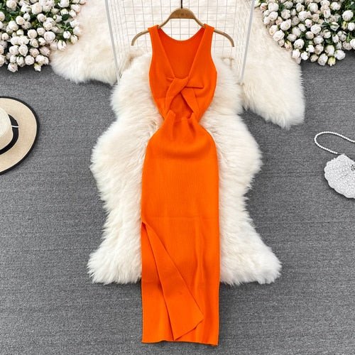 best Sleeveless Hollow Split Wrap Dress Midi Sexy Fashion Elastic Tight Party Elegant Vestidos Chic Beach Vacation Summer Women Dress 0 shop online at M2K Trends for