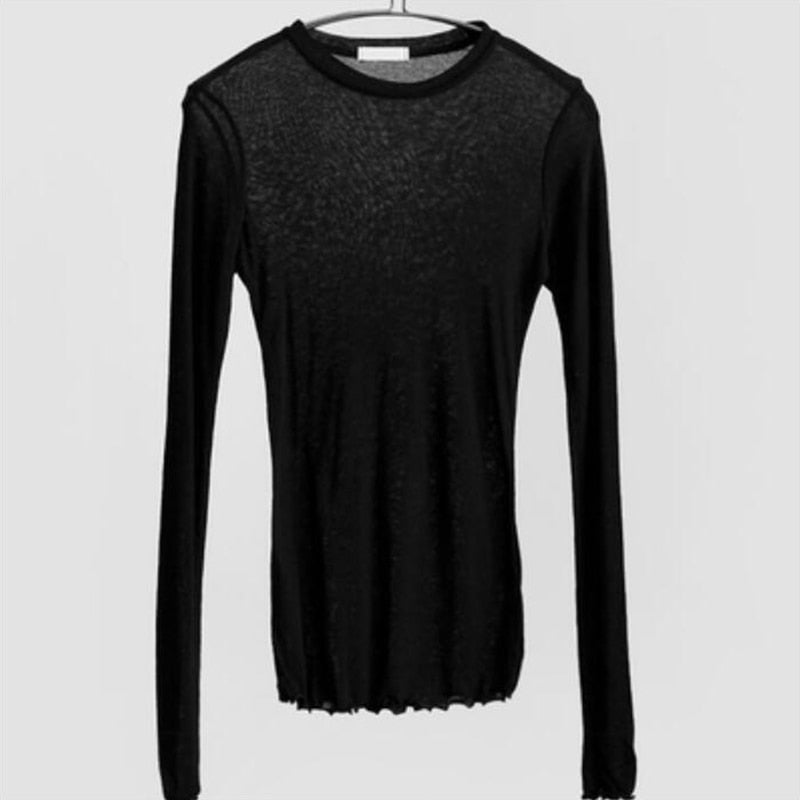 best Slim High Quality Plain T Shirt Women Cotton Elastic Basic T-shirts Female Casual Tops Long Sleeve Sexy Thin T-shirt see through 0 shop online at M2K Trends for