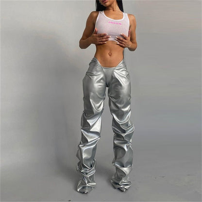 best Solid Faux PU Leather Shiny Women Pants Hipster High Street Irregular Shape Folds Clothing Elastic Waist Female Streetwear 0 shop online at M2K Trends for