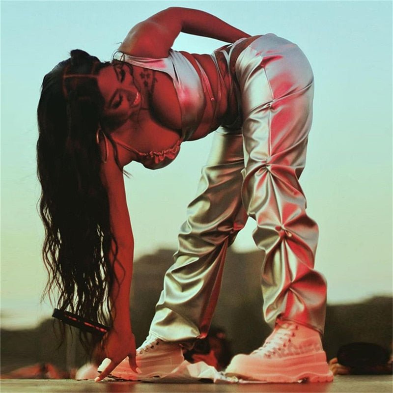 best Solid Faux PU Leather Shiny Women Pants Hipster High Street Irregular Shape Folds Clothing Elastic Waist Female Streetwear 0 shop online at M2K Trends for