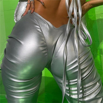 best Solid Faux PU Leather Shiny Women Pants Hipster High Street Irregular Shape Folds Clothing Elastic Waist Female Streetwear 0 shop online at M2K Trends for