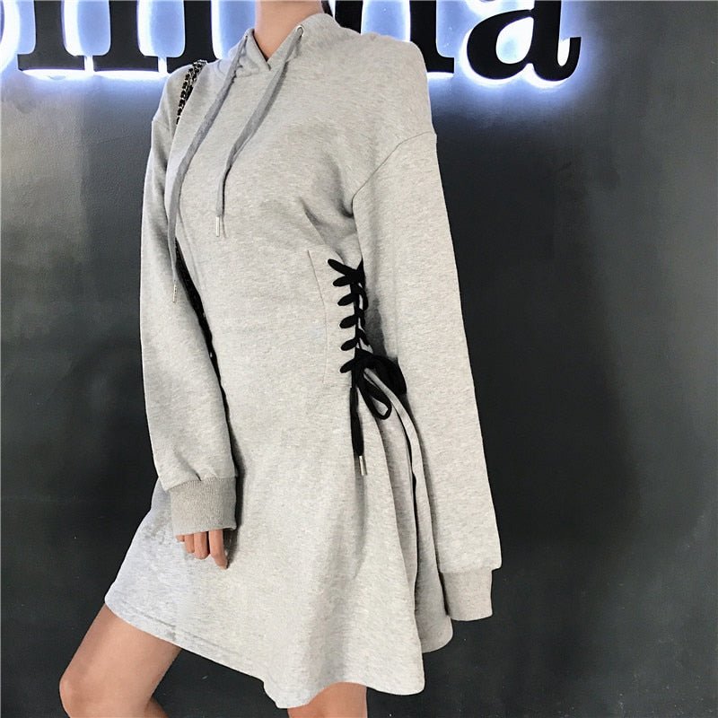 best Spring 2022 Hooded Dress Women Lace Up Waist Slim Black Gothic Dress Female Short Mini Harajuku Streetwear Vestidos 0 shop online at M2K Trends for