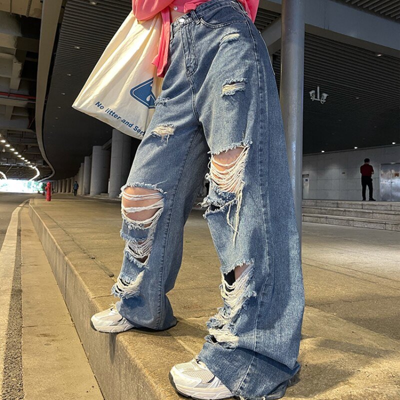 best Spring and Autumn Women's street jeans Ripped jeans High waisted baggy jeans Wide leg jeans Y2K hip hop pants Blue fashion jeans 0 shop online at M2K Trends for