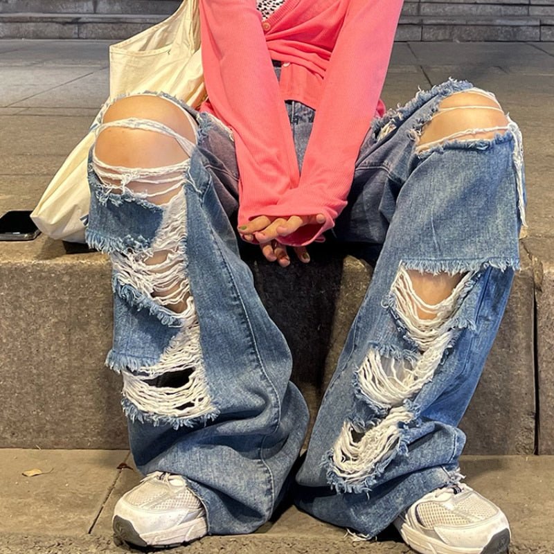 best Spring and Autumn Women's street jeans Ripped jeans High waisted baggy jeans Wide leg jeans Y2K hip hop pants Blue fashion jeans 0 shop online at M2K Trends for