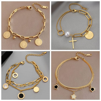 best Stainless Steel Layered Golden Pendant Bracelet For Women Retro Punk Gothic Portrait Coin Cross Pearl Bracelet Jewelry Jewelry & Watches shop online at M2K Trends for Fashion Jewelry