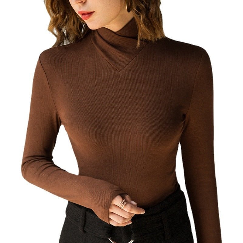 best Stand-up Collar Long-sleeved Stretch T-shirt Women&#39;s Fall/winter Fleece Padded Warm Basic Pullover Bottoming Shirt Fashion Top 0 shop online at M2K Trends for