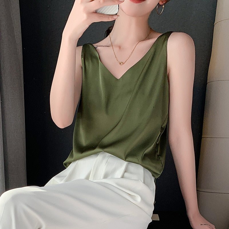 best Strap Top Women Halter V Neck Basic White Cami Sleeveless Satin Silk Tank Tops Women'S Summer Camisole 0 shop online at M2K Trends for