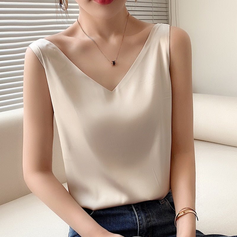 best Strap Top Women Halter V Neck Basic White Cami Sleeveless Satin Silk Tank Tops Women'S Summer Camisole 0 shop online at M2K Trends for