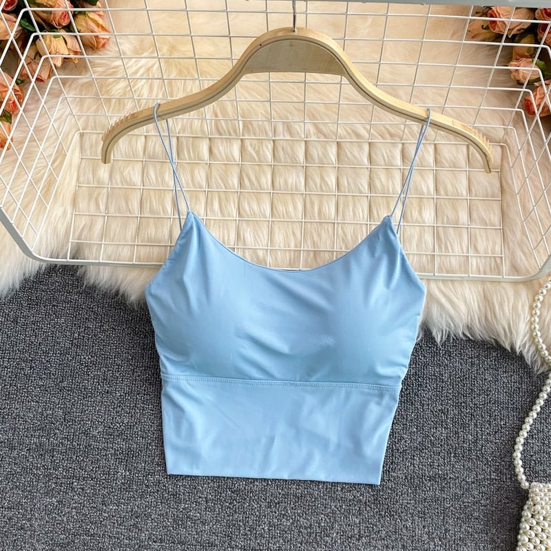 best Summer Bra Ice Silk Crop Tops Sports Spaghetti Strap Vest Top Women Sexy Built In Bra Off Shoulder Sleeveless Camisole Underwear 0 shop online at M2K Trends for