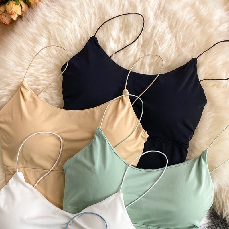 best Summer Bra Ice Silk Crop Tops Sports Spaghetti Strap Vest Top Women Sexy Built In Bra Off Shoulder Sleeveless Camisole Underwear 0 shop online at M2K Trends for