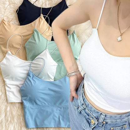 best Summer Bra Ice Silk Crop Tops Sports Spaghetti Strap Vest Top Women Sexy Built In Bra Off Shoulder Sleeveless Camisole Underwear 0 shop online at M2K Trends for