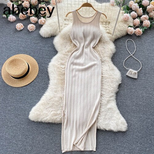 best Summer Knit Sexy Strap Dress Women Tank Elatic Waist Bodycon Sundress Female Beach Split Backless Long Dress 0 shop online at M2K Trends for