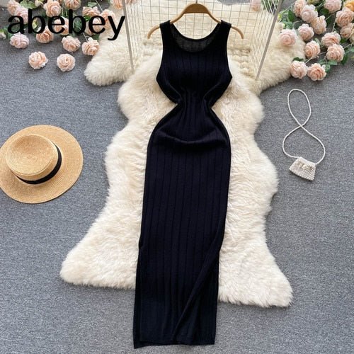 best Summer Knit Sexy Strap Dress Women Tank Elatic Waist Bodycon Sundress Female Beach Split Backless Long Dress 0 shop online at M2K Trends for