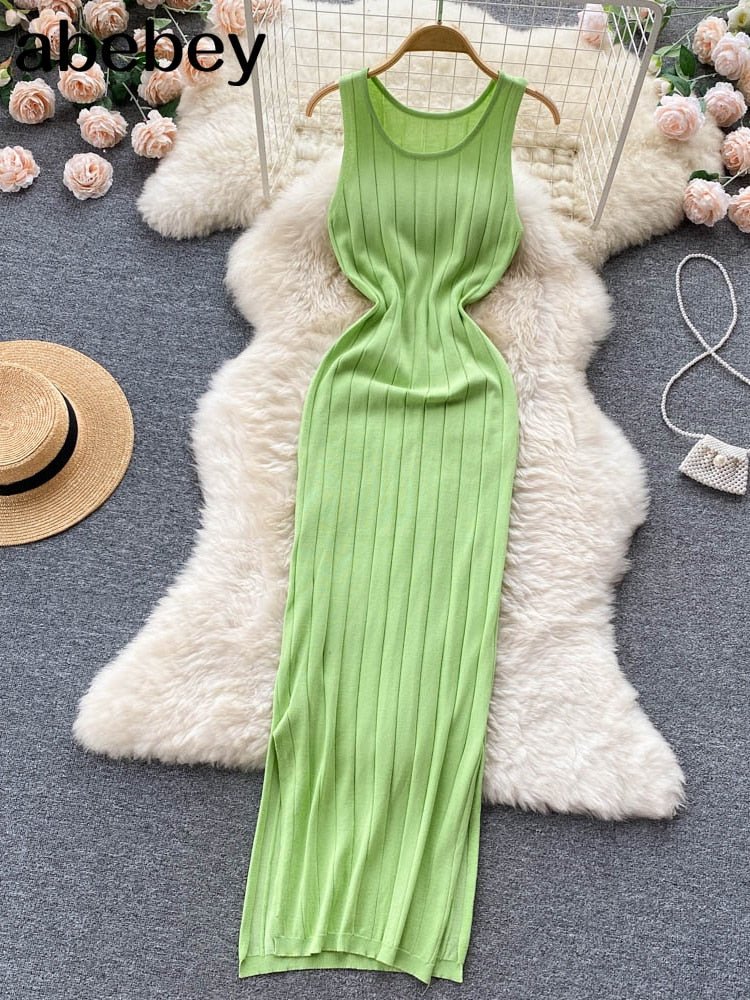 best Summer Knit Sexy Strap Dress Women Tank Elatic Waist Bodycon Sundress Female Beach Split Backless Long Dress 0 shop online at M2K Trends for