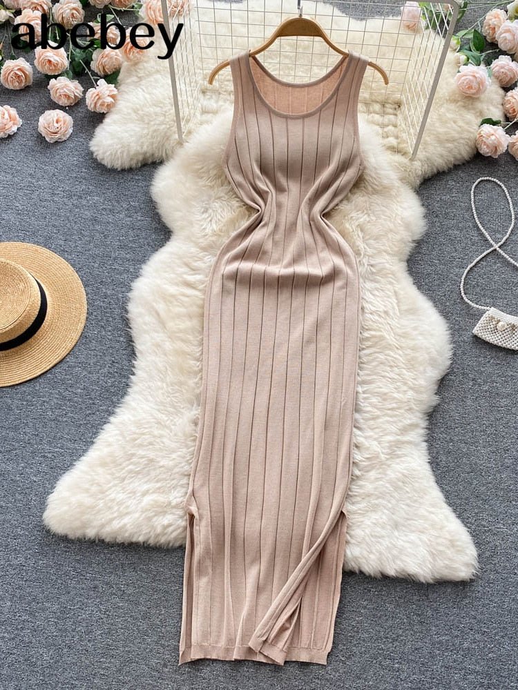 best Summer Knit Sexy Strap Dress Women Tank Elatic Waist Bodycon Sundress Female Beach Split Backless Long Dress 0 shop online at M2K Trends for