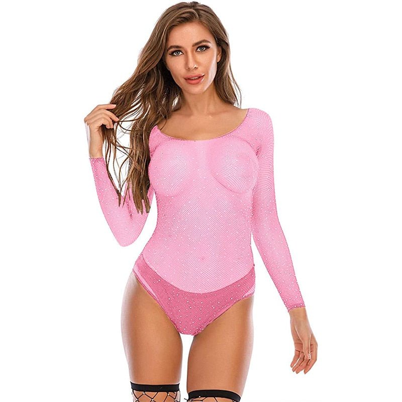 best Summer Sexy Lingerie Rhinestones Slash Neck Sexy Teddy Bodysuit Temptation Mesh Full Sleeve Backless Slim Transparent Body Suits 0 shop online at M2K Trends for