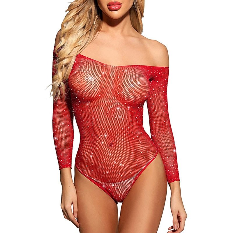 best Summer Sexy Lingerie Rhinestones Slash Neck Sexy Teddy Bodysuit Temptation Mesh Full Sleeve Backless Slim Transparent Body Suits 0 shop online at M2K Trends for