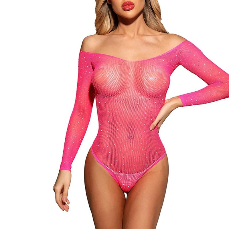 best Summer Sexy Lingerie Rhinestones Slash Neck Sexy Teddy Bodysuit Temptation Mesh Full Sleeve Backless Slim Transparent Body Suits 0 shop online at M2K Trends for