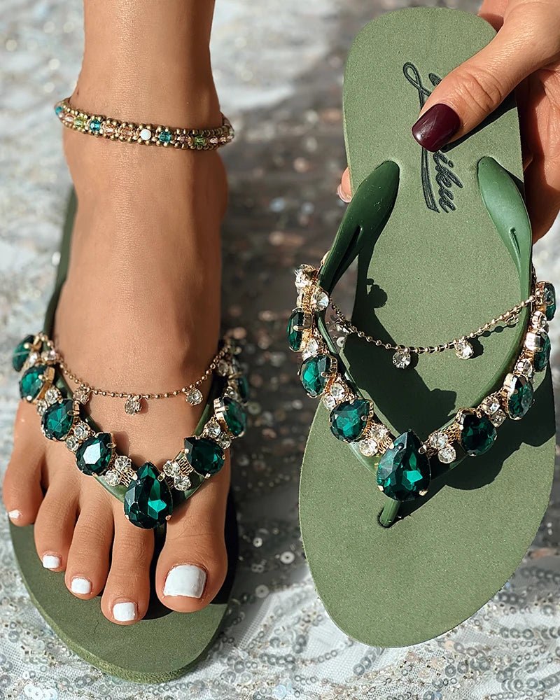 best Summer Shoes Fashion Casual Slipper Beach Wear Elegant 2023 Gem Stone Chain Decor Flip Flops Sandals shop online at M2K Trends for