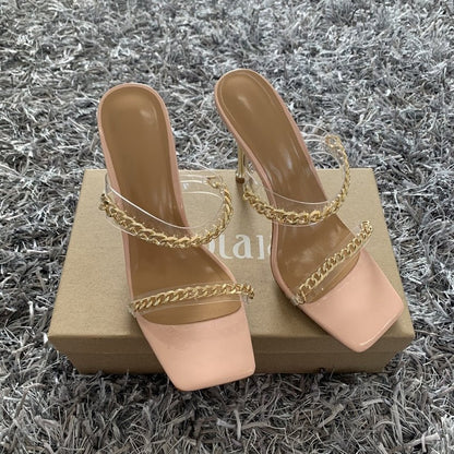 best Summer Women Sandals Square Toe Ladies Heel Mules Clear PVC Transparent High Heels Slippers Female Fashion Chain Shoes Woman 0 shop online at M2K Trends for