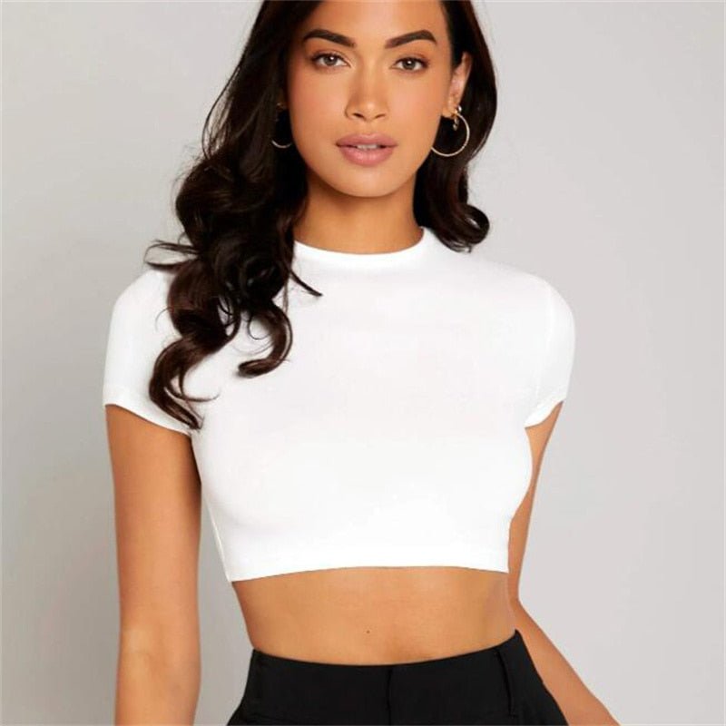 best Summer Women T-shirts Solid O Neck High Waist Crop Top Femme Slim Elastic Skinny Tee Half-high Collar Shirt Girls Clothing Tee 0 shop online at M2K Trends for