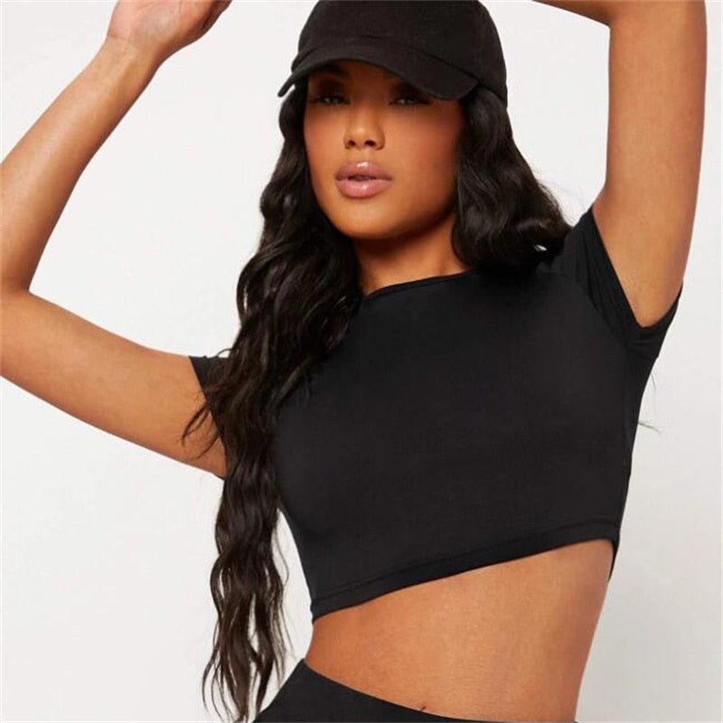 best Summer Women T-shirts Solid O Neck High Waist Crop Top Femme Slim Elastic Skinny Tee Half-high Collar Shirt Girls Clothing Tee 0 shop online at M2K Trends for