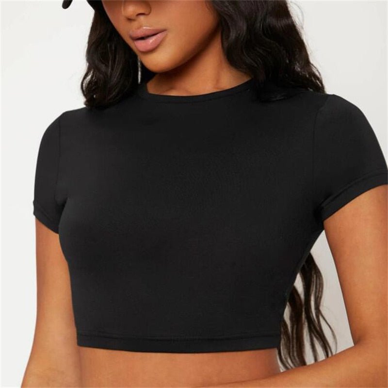 best Summer Women T-shirts Solid O Neck High Waist Crop Top Femme Slim Elastic Skinny Tee Half-high Collar Shirt Girls Clothing Tee 0 shop online at M2K Trends for