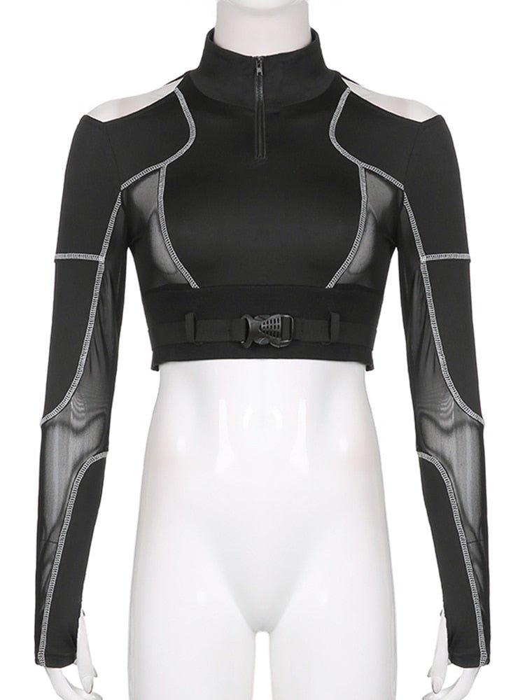 best Sweetown Hollow Out Shoulder Black Goth Woman Tshirts With Buckle Zip Up Slim Sexy Girl Techwear Stripe Long Sleeve Autumn Tee 0 shop online at M2K Trends for