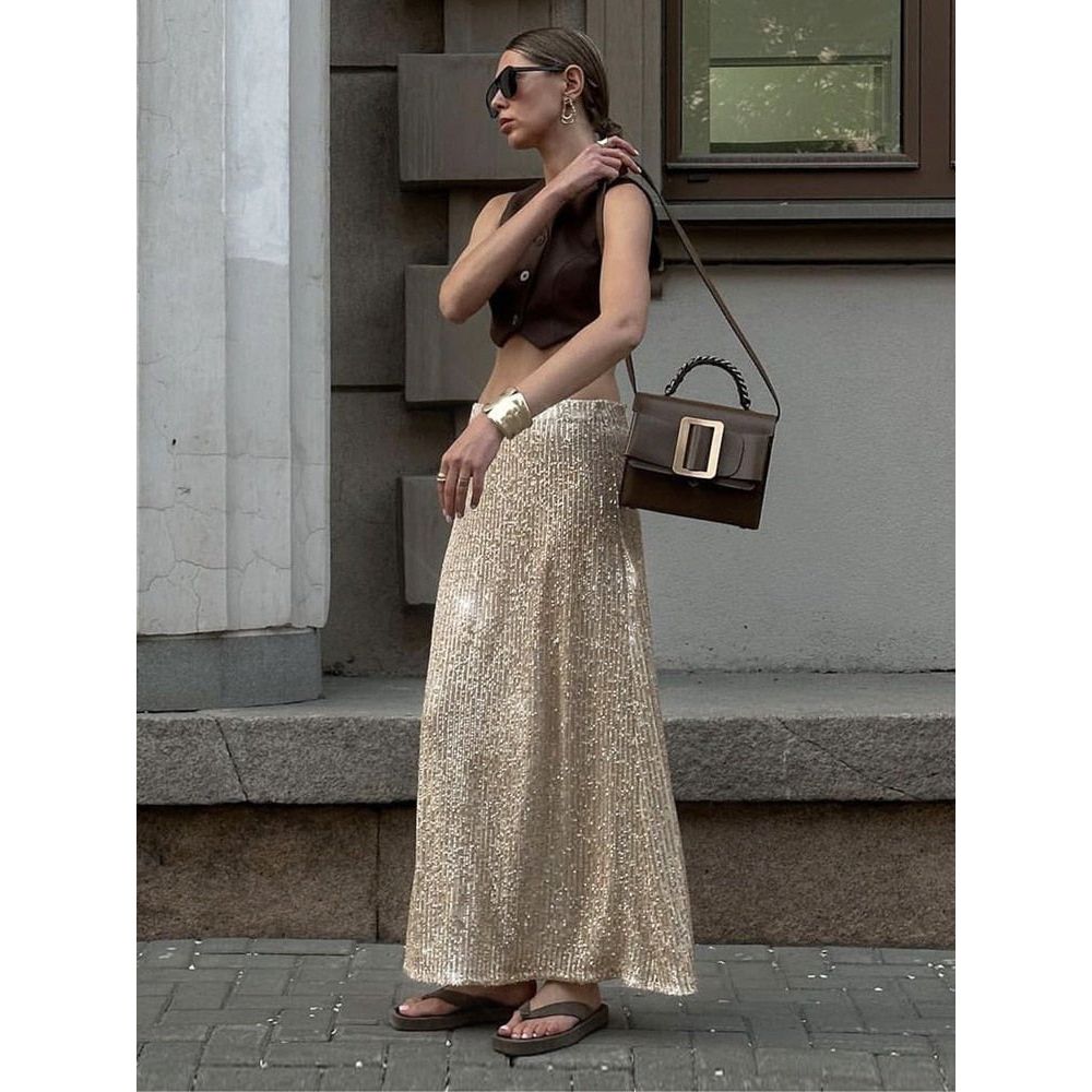 best Tossy Sequin Female Sexy Maxi Skirt Summer Fashion Glitter High Waist Loose Elegant Club Long Skirt Sparkle Women Long Skirt New 0 shop online at M2K Trends for