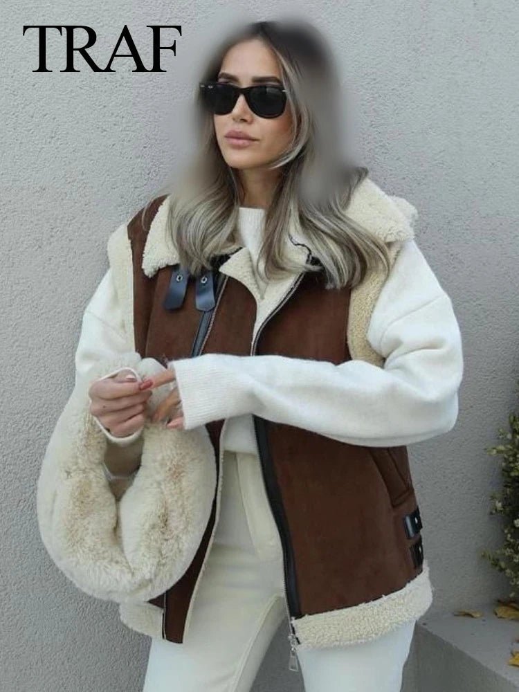 best TRAF 2023 Winter Fashion Lamb Wool Women's Warm Thickened Oversized Vest Traf Sleeveless Loose Jacket Women's Short Top Vest shop online at M2K Trends for