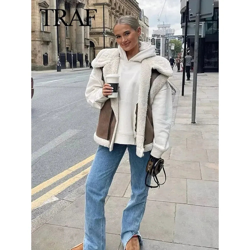 best TRAF 2023 Winter Fashion Lamb Wool Women's Warm Thickened Oversized Vest Traf Sleeveless Loose Jacket Women's Short Top Vest shop online at M2K Trends for