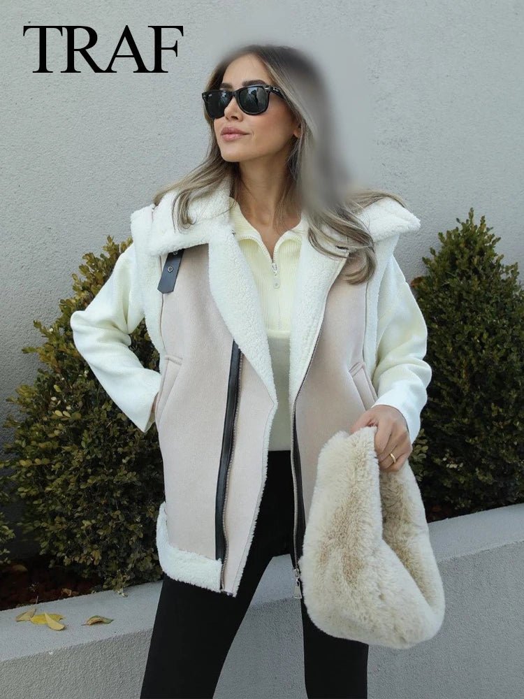 best TRAF 2023 Winter Fashion Lamb Wool Women's Warm Thickened Oversized Vest Traf Sleeveless Loose Jacket Women's Short Top Vest shop online at M2K Trends for