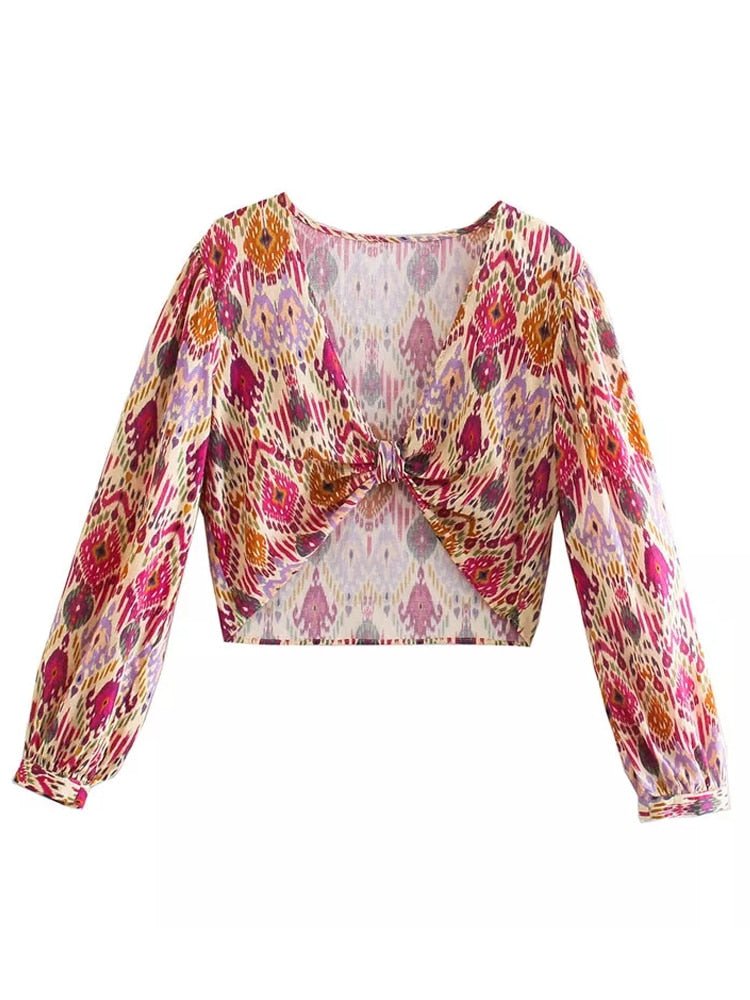 best TRAF Women Sets Print Skirt Shorts Woman Floral Top Female Long Sleeve Knot Crop Top Summer Suits Vintage High Waist Shorts 0 shop online at M2K Trends for