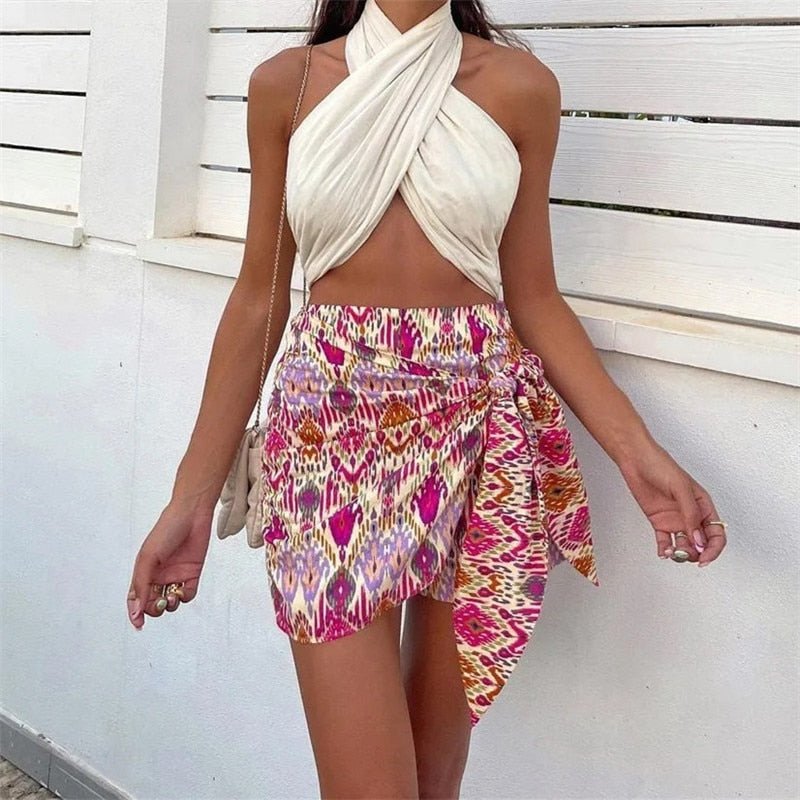 best TRAF Women Sets Print Skirt Shorts Woman Floral Top Female Long Sleeve Knot Crop Top Summer Suits Vintage High Waist Shorts 0 shop online at M2K Trends for