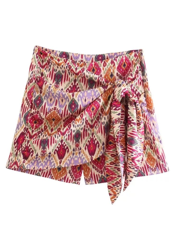 best TRAF Women Sets Print Skirt Shorts Woman Floral Top Female Long Sleeve Knot Crop Top Summer Suits Vintage High Waist Shorts 0 shop online at M2K Trends for
