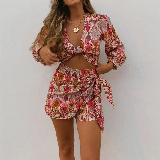 best TRAF Women Sets Print Skirt Shorts Woman Floral Top Female Long Sleeve Knot Crop Top Summer Suits Vintage High Waist Shorts 0 shop online at M2K Trends for