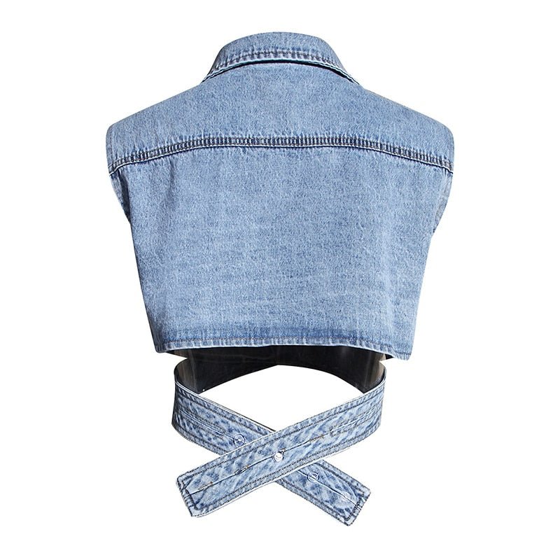 best TWOTWINSTYLE Irregular Cross Denim Coat For Women High Waist Hollow Out Casual Short Tops Female 2020 Summer Fashion New Style 0 shop online at M2K Trends for