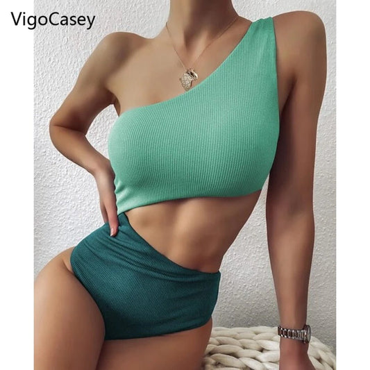 best VigoCasey Patchwork Swimwear Women 2023 Sexy One Piece Swimsuit Female One Shoulder Bathing Suit High Waist Hollow Monokini Swim 0 shop online at M2K Trends for