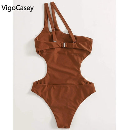 best VigorCasey 2023 Solid One Shoulder Swimwear Women Sexy High Waist Hollow One Piece Swimsuit Monokini Backless Beach Bathing Suit 0 shop online at M2K Trends for