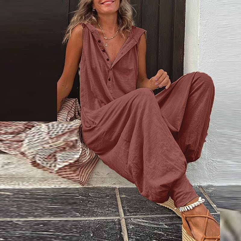 best Vintage Button Jumpsuit Summer Women Causal Beach Cross-pants Playsuit Fashion Loose Solid Sleeveless Hooded Romper Streetwear 0 shop online at M2K Trends for