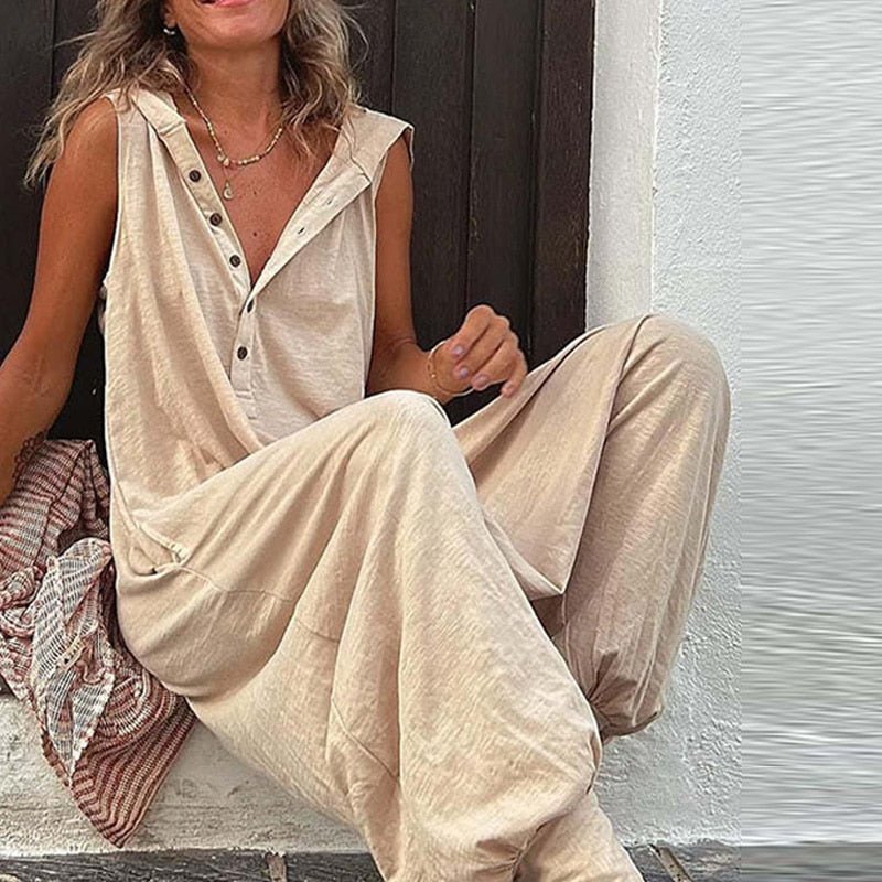 best Vintage Button Jumpsuit Summer Women Causal Beach Cross-pants Playsuit Fashion Loose Solid Sleeveless Hooded Romper Streetwear 0 shop online at M2K Trends for