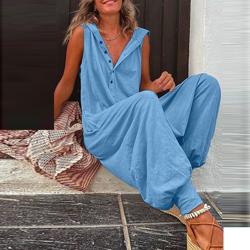 best Vintage Button Jumpsuit Summer Women Causal Beach Cross-pants Playsuit Fashion Loose Solid Sleeveless Hooded Romper Streetwear 0 shop online at M2K Trends for
