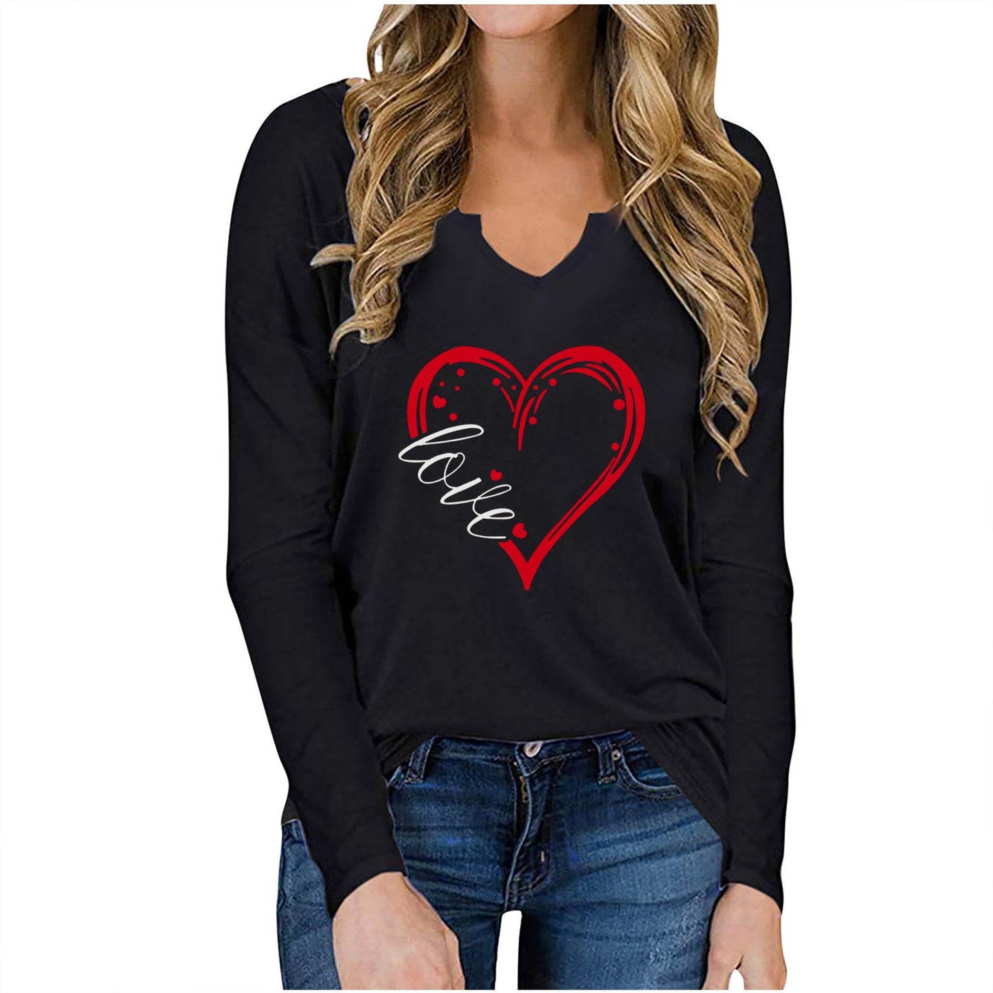 best Vneck Valentines Day Printed Tshirt Cross-border Longsleeved Loose Top T-Shirt shop online at M2K Trends for