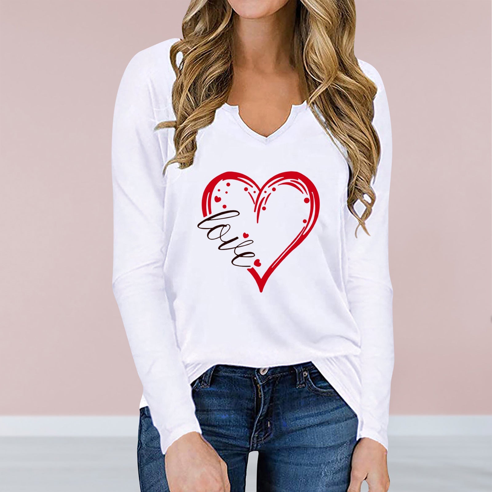 best Vneck Valentines Day Printed Tshirt Cross-border Longsleeved Loose Top T-Shirt shop online at M2K Trends for