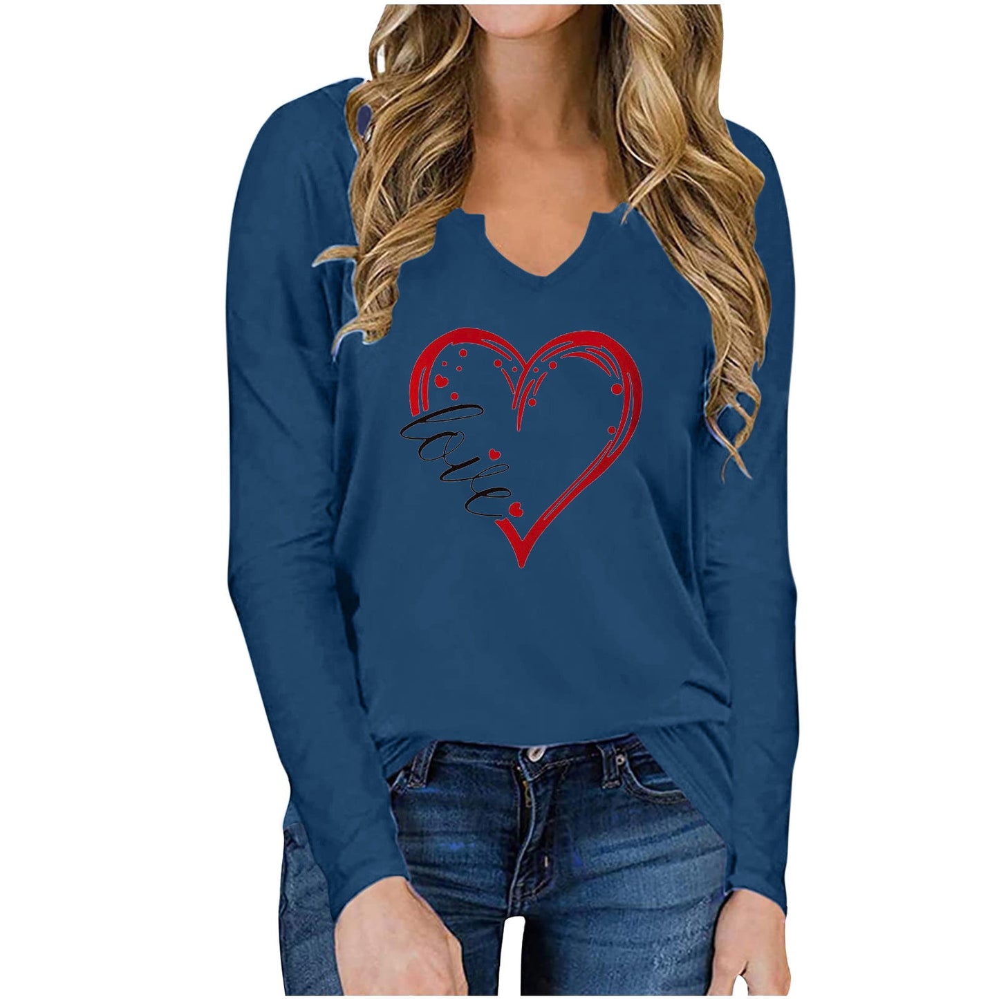 best Vneck Valentines Day Printed Tshirt Cross-border Longsleeved Loose Top T-Shirt shop online at M2K Trends for