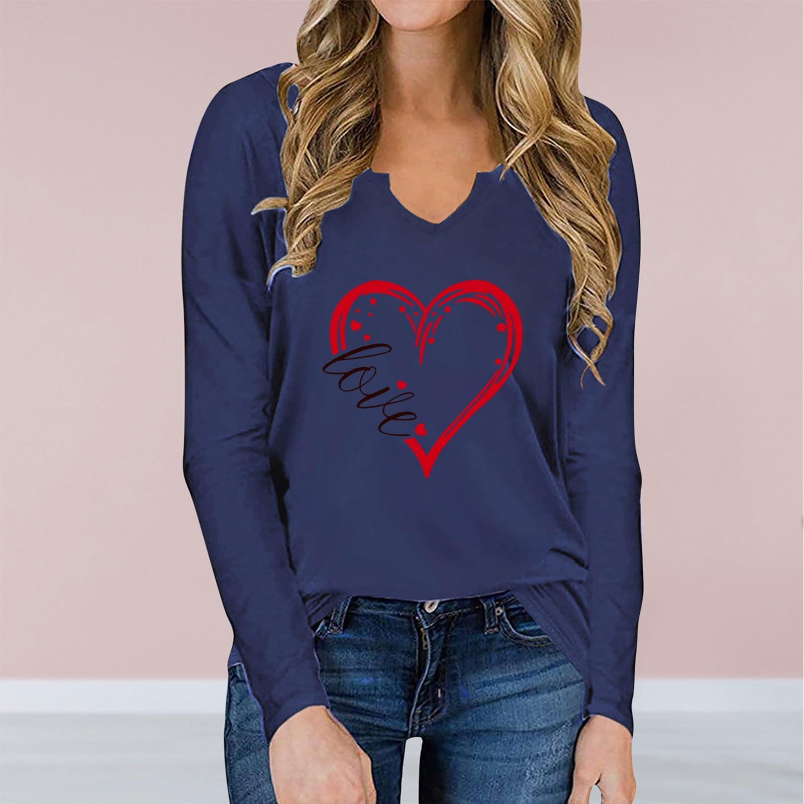 best Vneck Valentines Day Printed Tshirt Cross-border Longsleeved Loose Top T-Shirt shop online at M2K Trends for