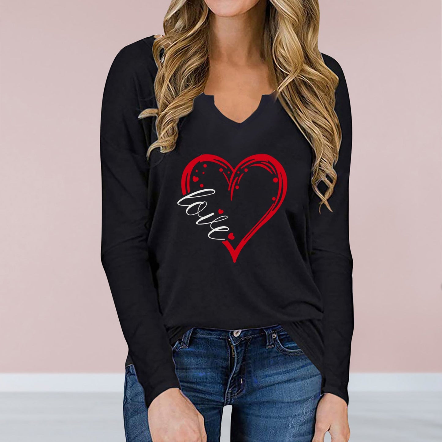 best Vneck Valentines Day Printed Tshirt Cross-border Longsleeved Loose Top T-Shirt shop online at M2K Trends for