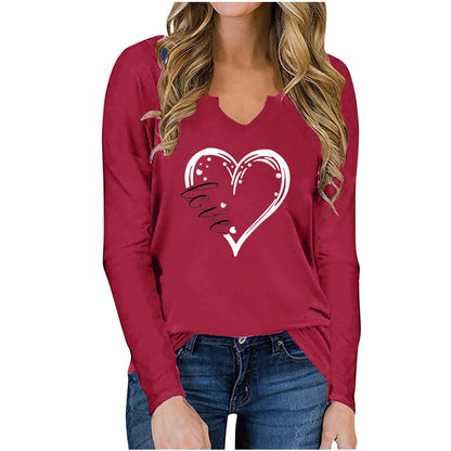 best Vneck Valentines Day Printed Tshirt Cross-border Longsleeved Loose Top T-Shirt shop online at M2K Trends for