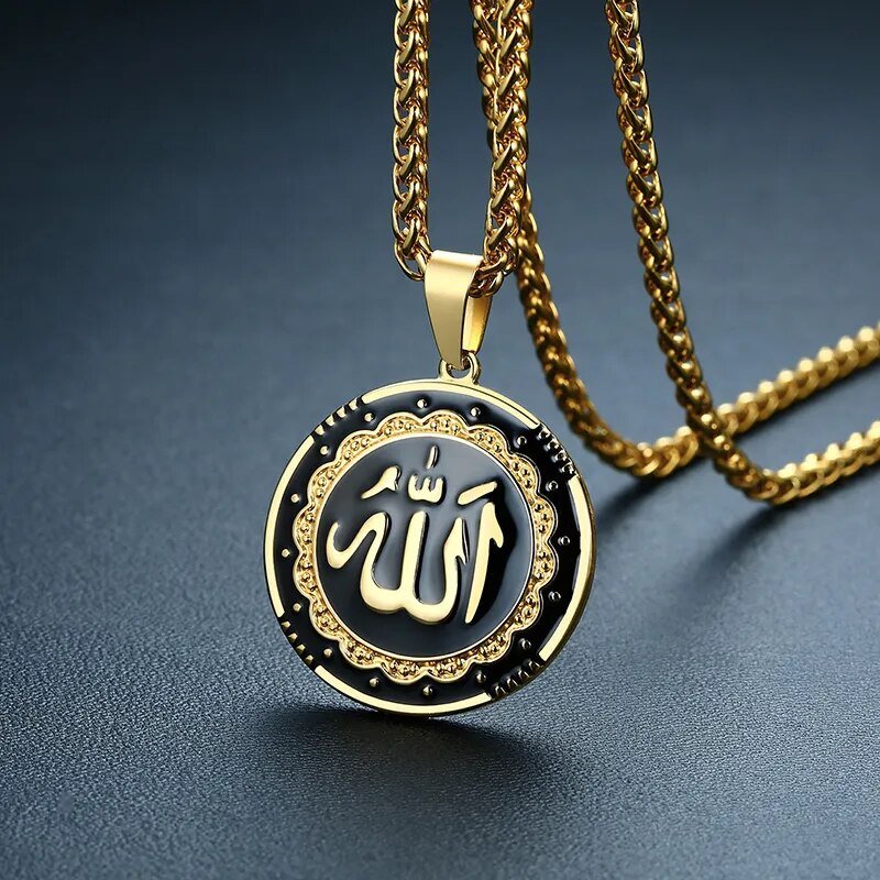 best Vnox Men Religious Round Allah Pendant Necklaces Gold Color Stainless Steel Islamic Jewelry Free Chain 24" shop online at M2K Trends for
